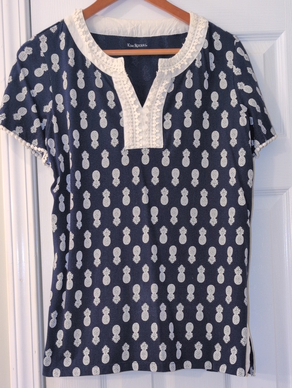 Kim Rogers Navy Short-Sleeve Pineapple Print Top with Cream Trim